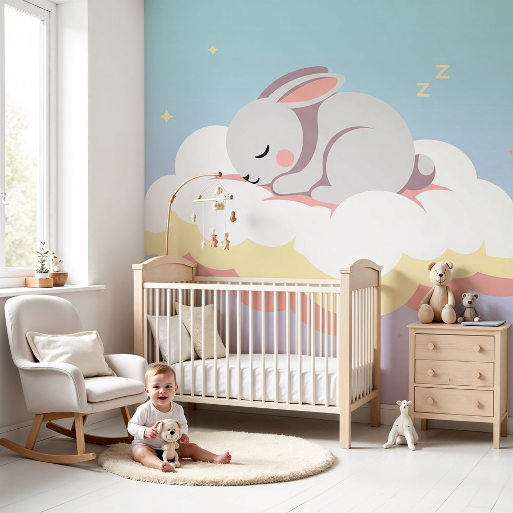 Sleeping bunny on cloud mural wallpaper in peaceful nursery setting by Kids-Mundo