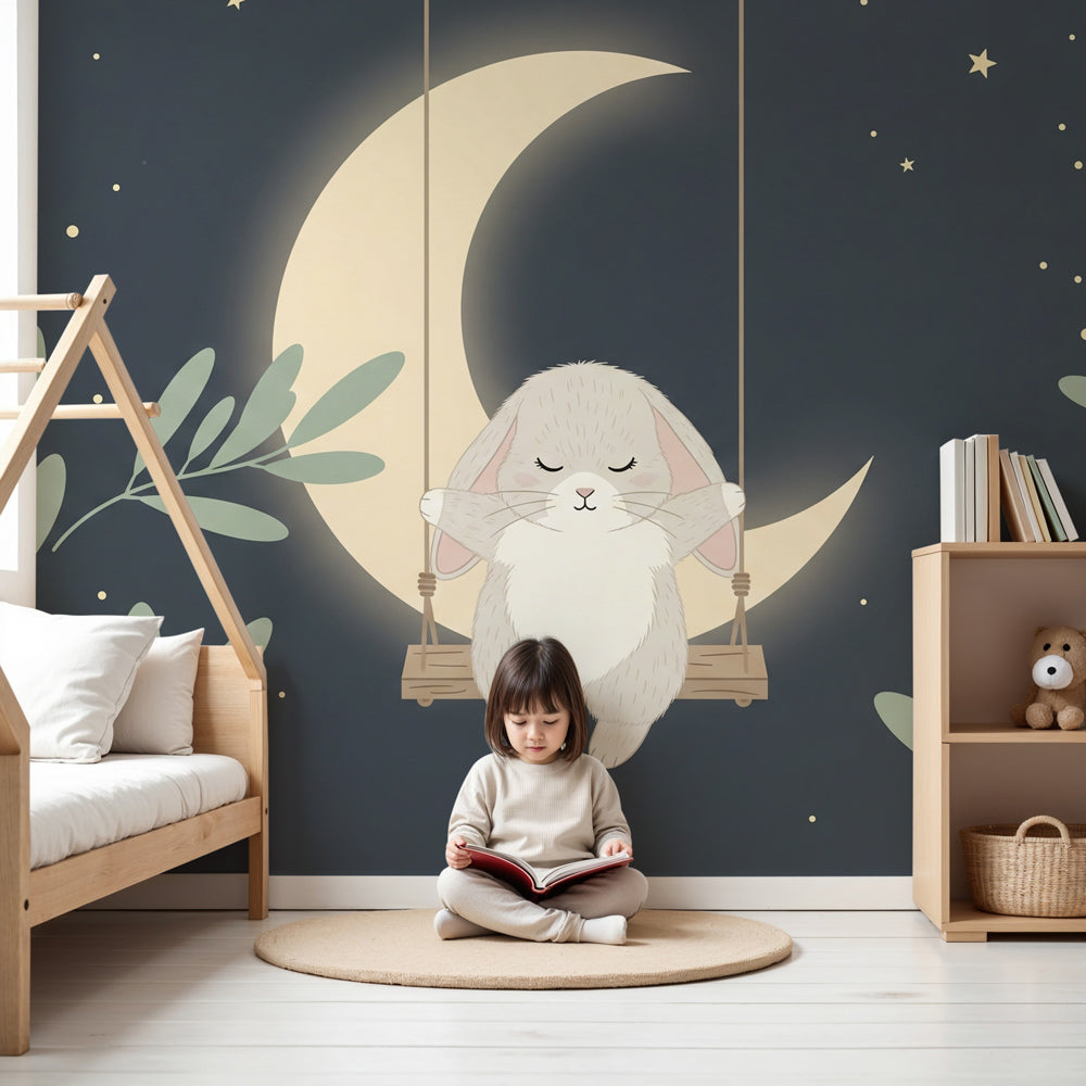 Sleeping bunny mural wallpaper creating peaceful nursery atmosphere with moon and stars by Kids-Mundo