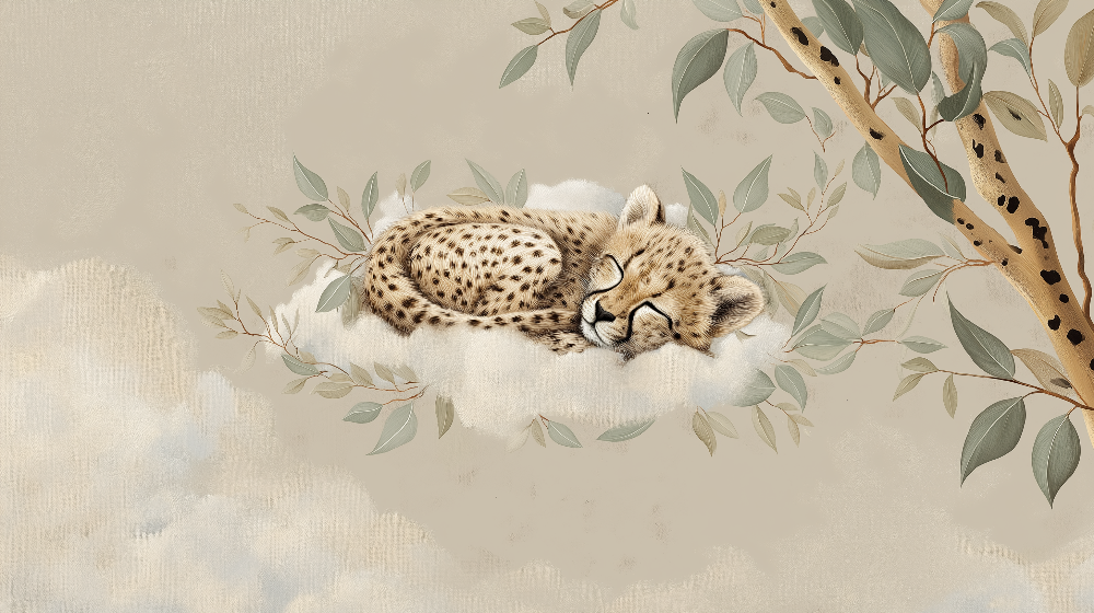 Kids-Mundo sleeping cheetah cub and eucalyptus wall mural artwork shown in full