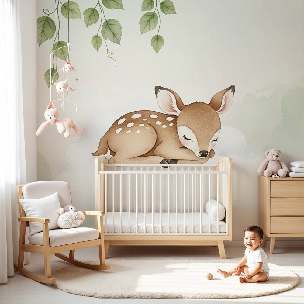 Sleeping deer on cloud mural wallpaper creating peaceful nursery atmosphere by Kids-Mundo