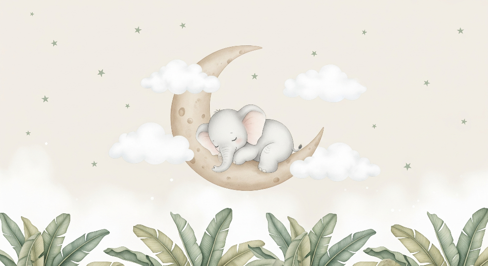 Sleeping Baby Elephant on the Moon Wall Mural