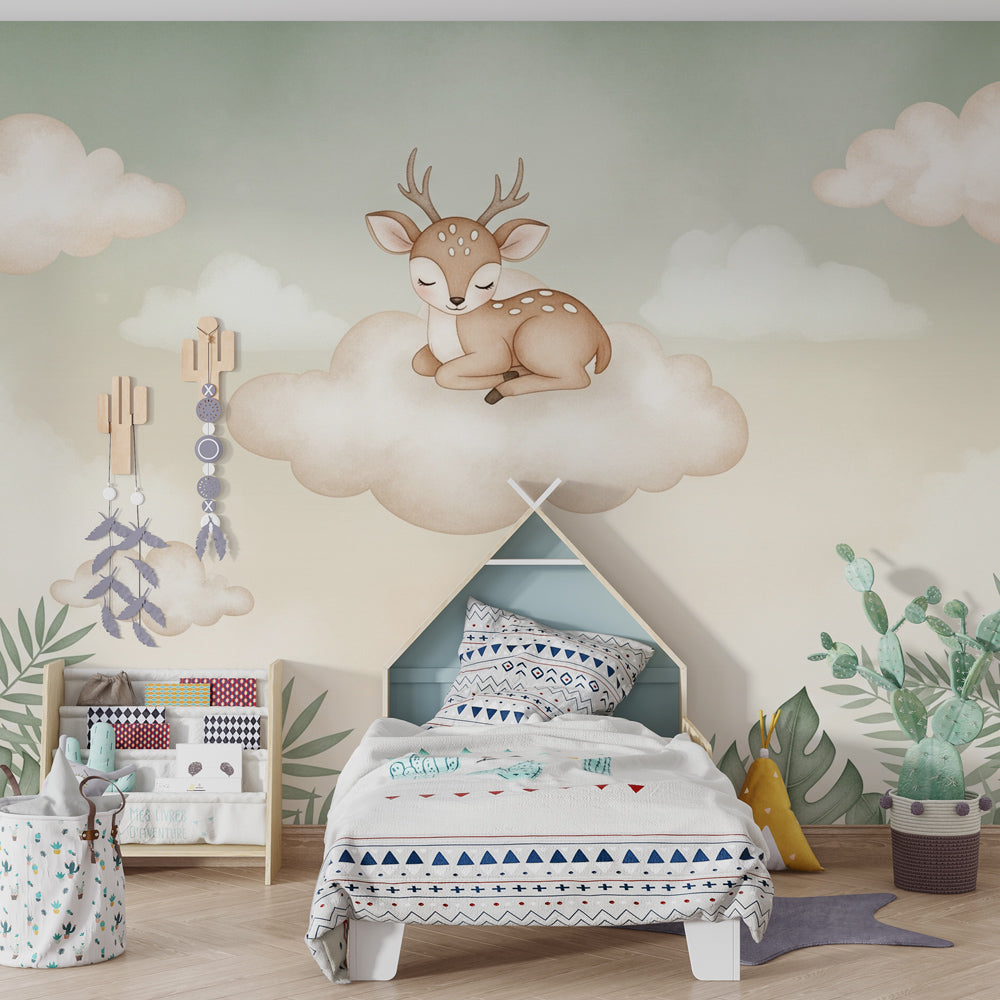 Dreamy fawn cloud wallpaper creating serene atmosphere in baby's room decor