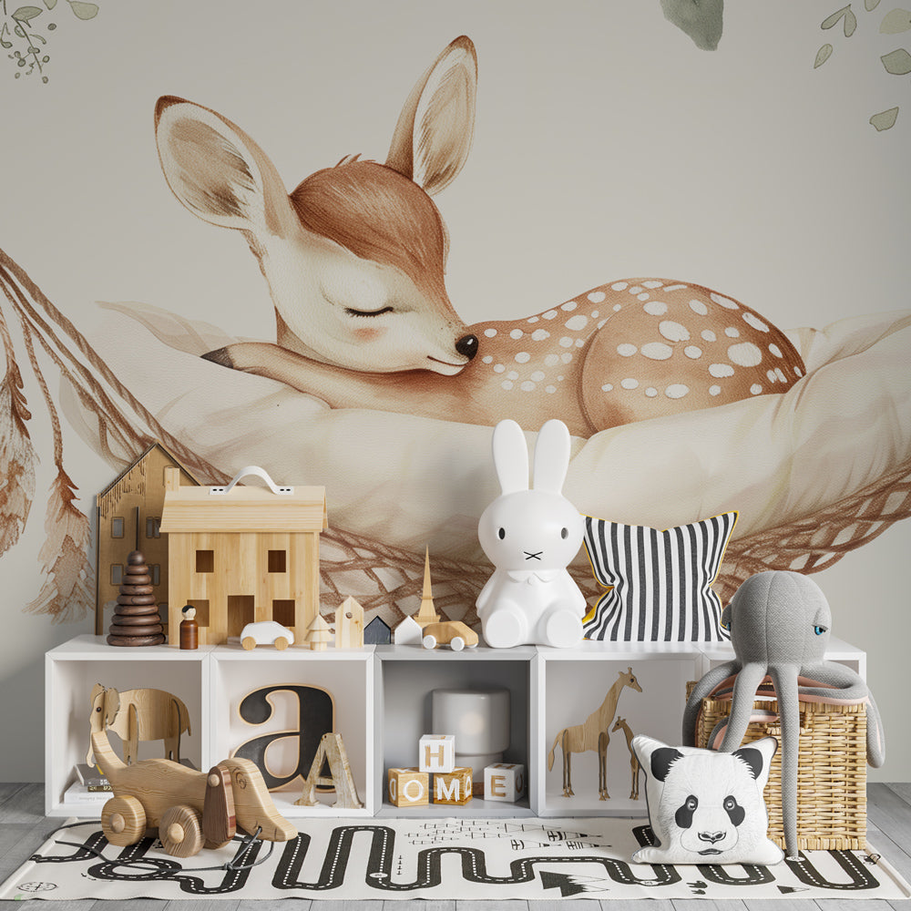 Forest fawn wallpaper in modern kids bedroom showing bohemian woodland theme by Kids-Mundo