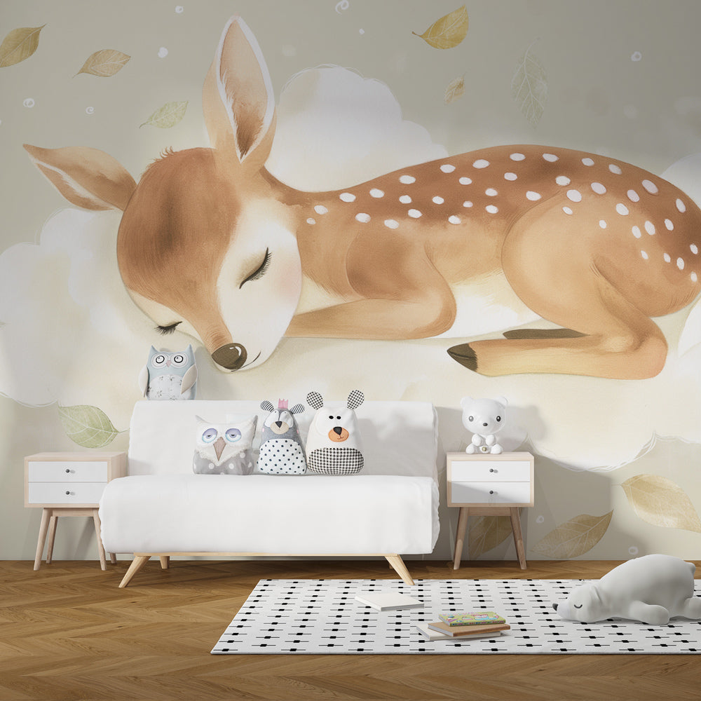 Woodland fawn cloud wallpaper creating serene children's bedroom atmosphere