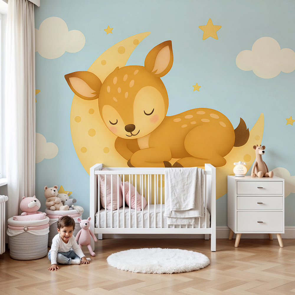 Sleeping fawn mural wallpaper with moon and stars in soft blue nursery by Kids-Mundo