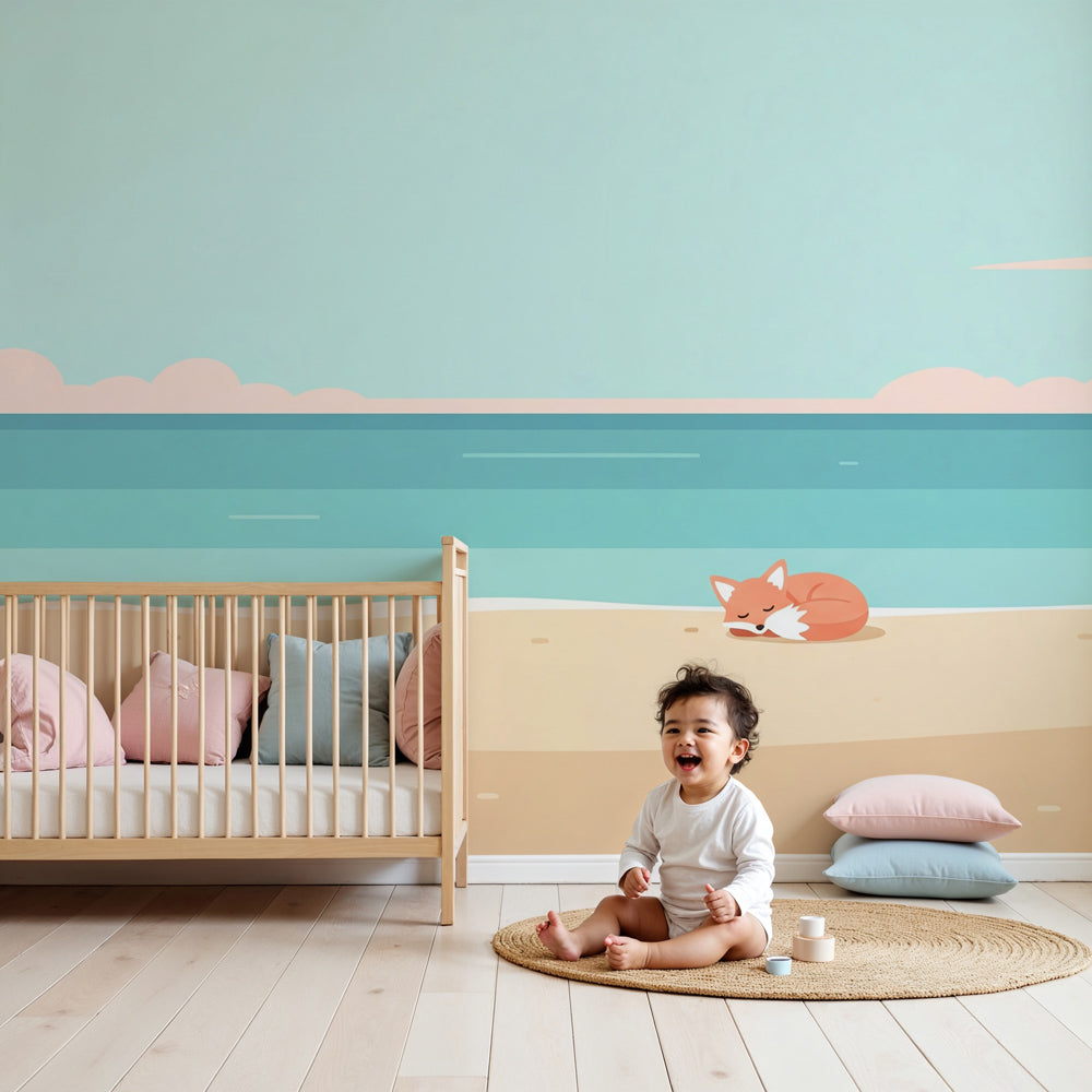 Sleeping fox beach mural wallpaper in peaceful nursery with ocean blue decor by Kids-Mundo