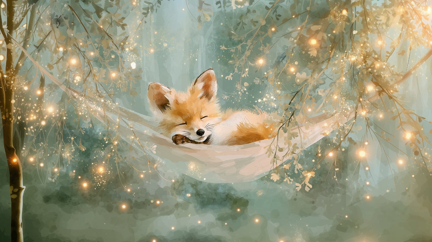 Kids-Mundo flat artwork of a sleeping fox in a hammock among twinkling forest lights.
