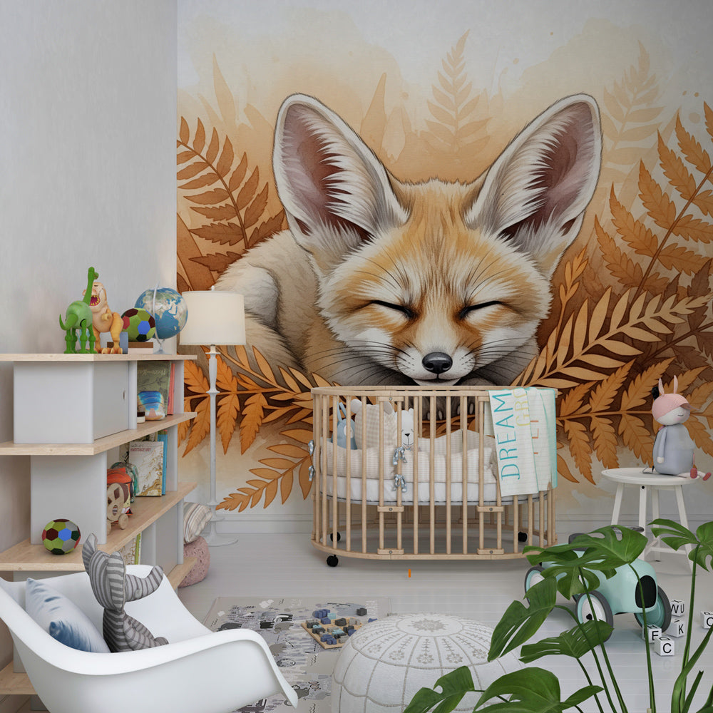 Forest fern wallpaper with sleeping fox in warm kids bedroom setting
