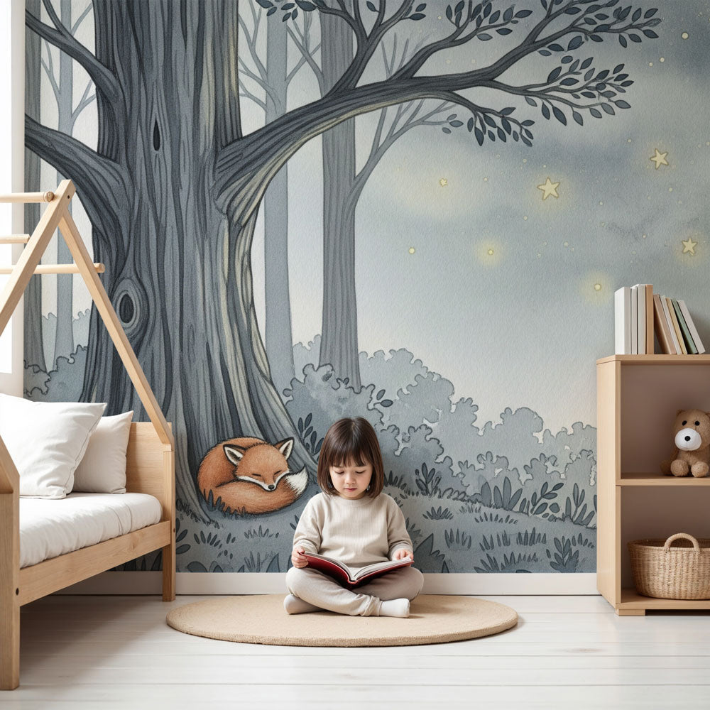 Sleeping fox starry night mural wallpaper in cozy children's nursery by Kids-Mundo