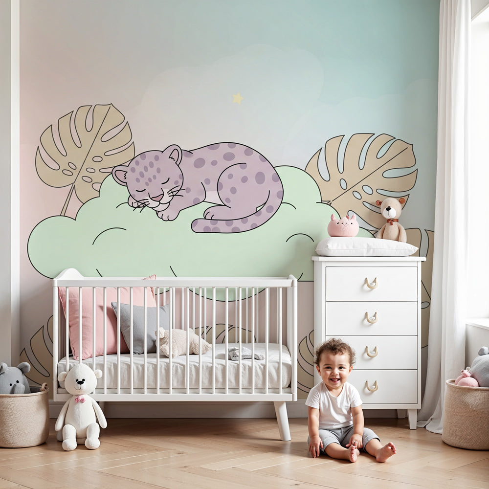 Sleeping leopard cloud mural wallpaper in modern baby nursery with wooden crib by Kids-Mundo