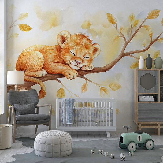Kids-Mundo lion cub wall mural forming a soft feature wall in a kids bedroom