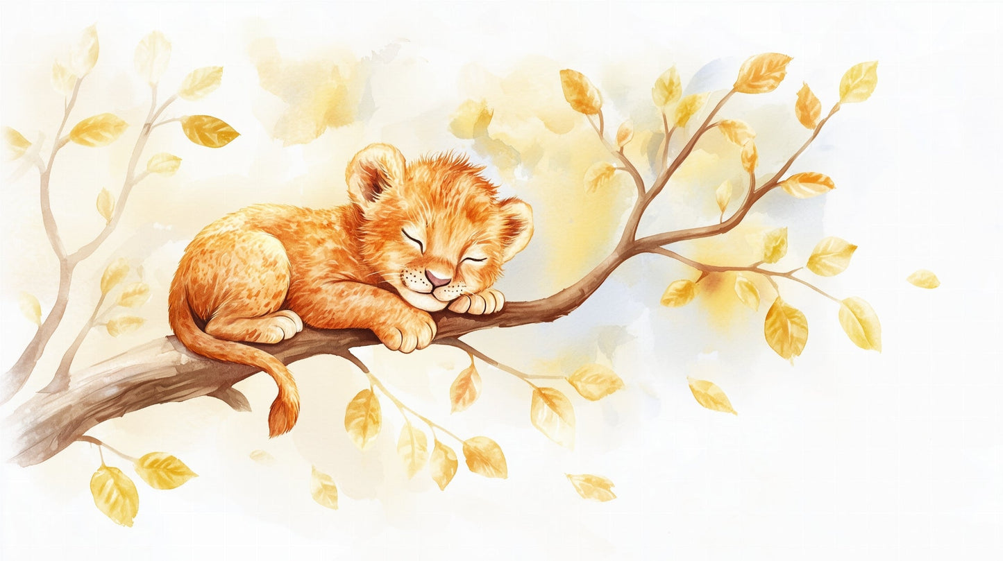 Kids-Mundo sleeping lion cub and golden leaves wall mural artwork shown in full
