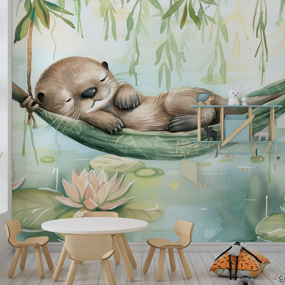 Sleeping otter mural wallpaper creating tranquil nursery atmosphere with water lily theme by Kids-Mundo