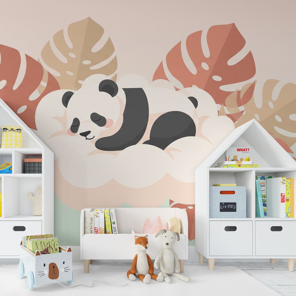 Dreamy panda cloud wallpaper in modern children's bedroom with wooden furniture