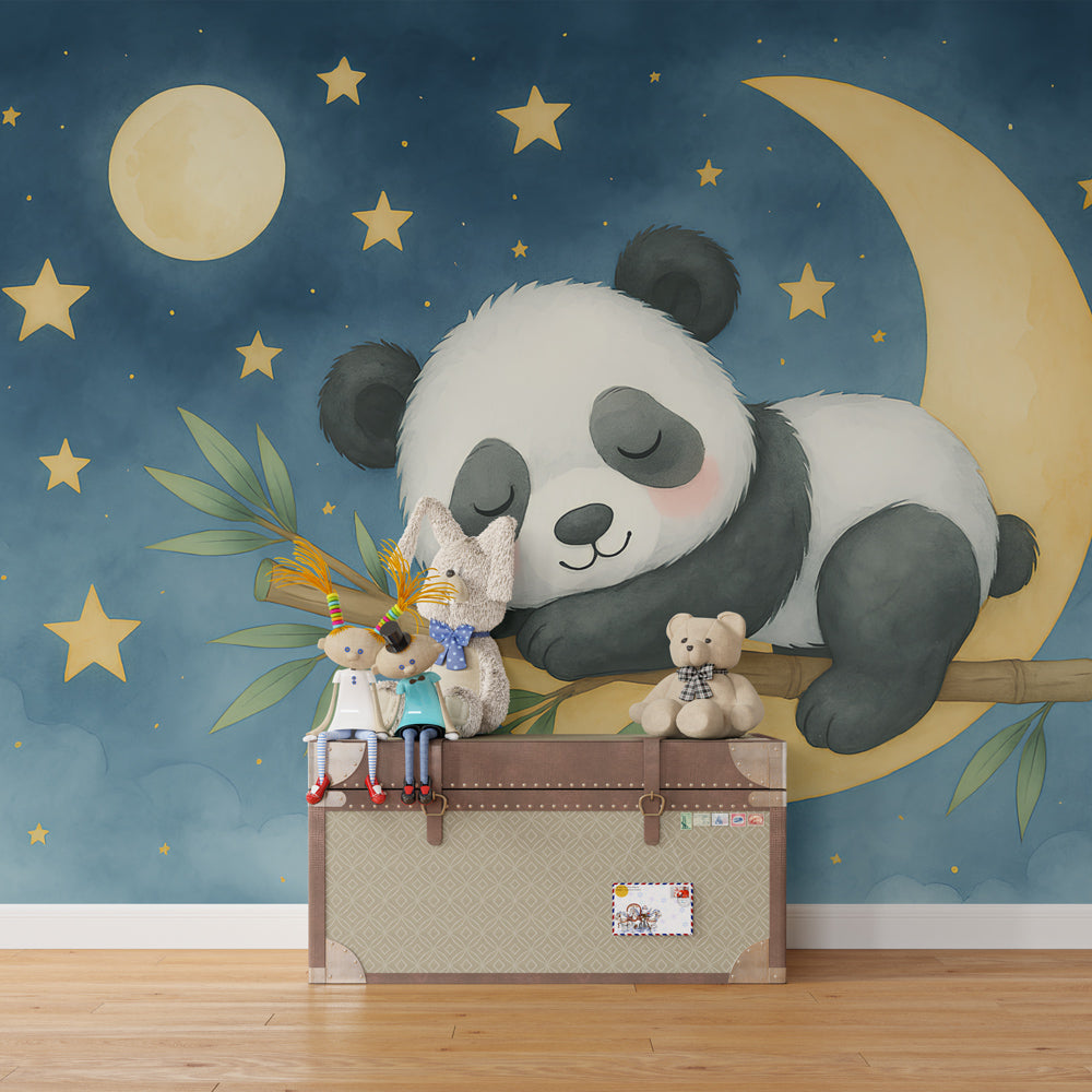 Panda mural wallpaper in cozy toddler bedroom setting with soft bedding and gentle lighting
