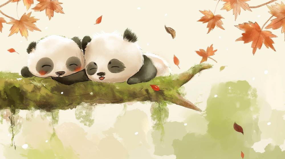 Kids-Mundo flat artwork of two sleeping pandas on a branch with autumn maple leaves