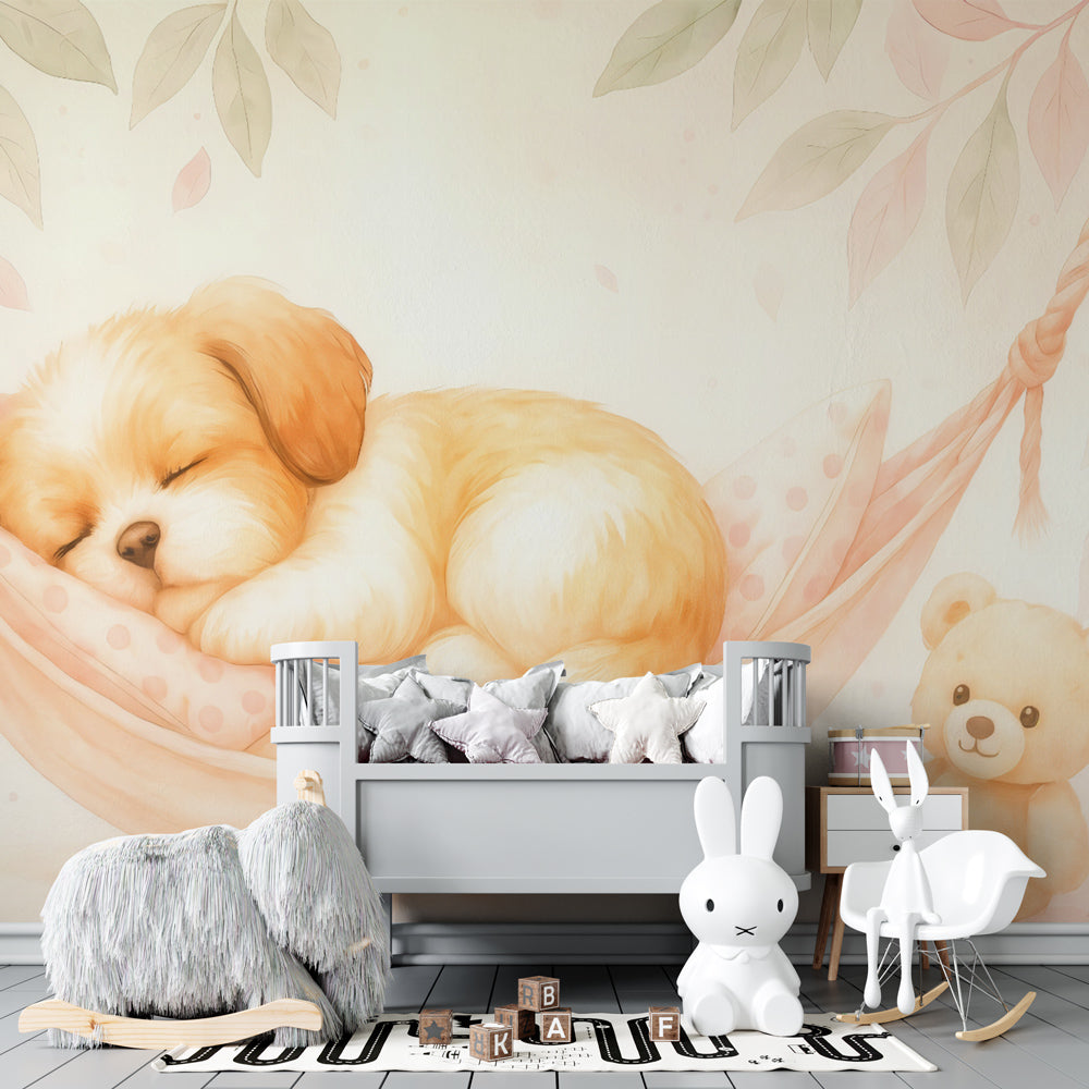 Adorable puppy and teddy bear wallpaper creating cozy children's bedroom atmosphere