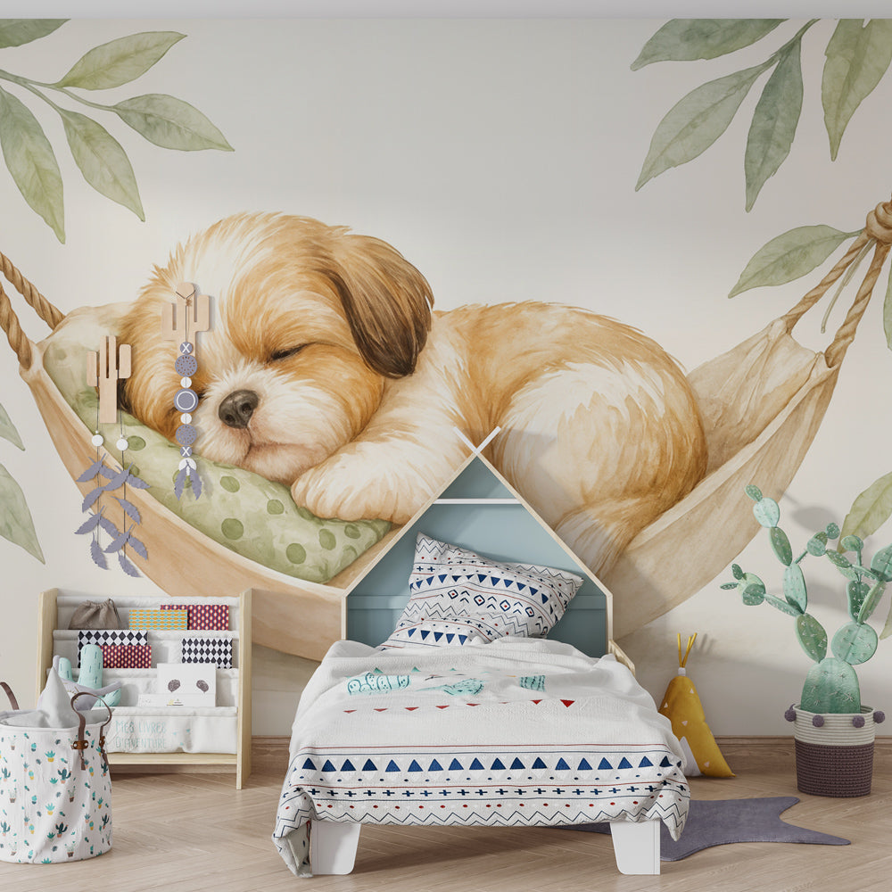 Gentle puppy hammock wallpaper creating calming atmosphere in toddler bedroom by Kids-Mundo