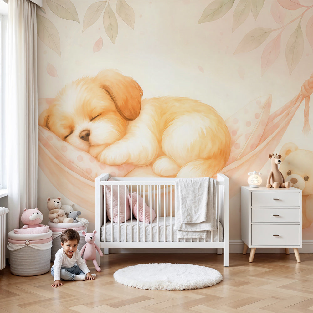 Sleeping puppy mural wallpaper in peaceful nursery with crib and soft decor by Kids-Mundo