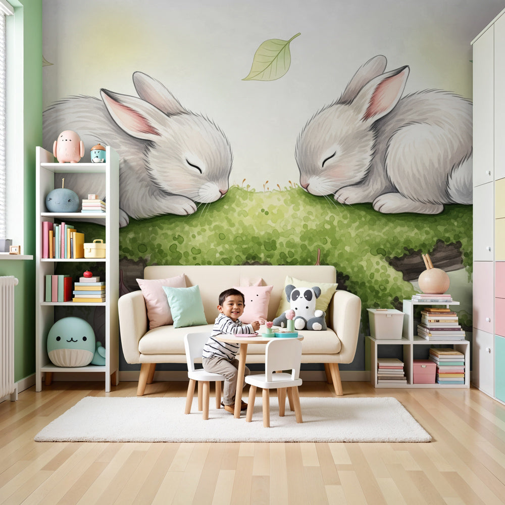 Sleeping rabbits mural wallpaper creating peaceful nursery atmosphere by Kids-Mundo