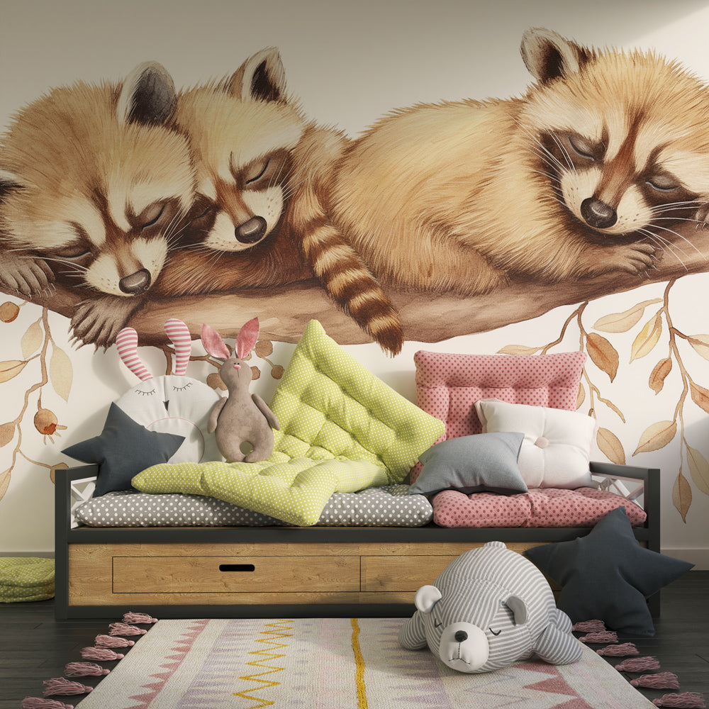 Forest raccoon wallpaper transforming children's bedroom into calming woodland retreat