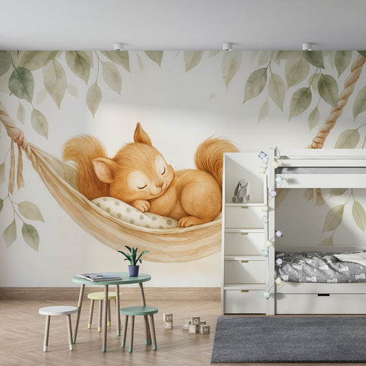Kids-Mundo cosy squirrel hammock wall mural covering a feature wall in a toddler's bedroom