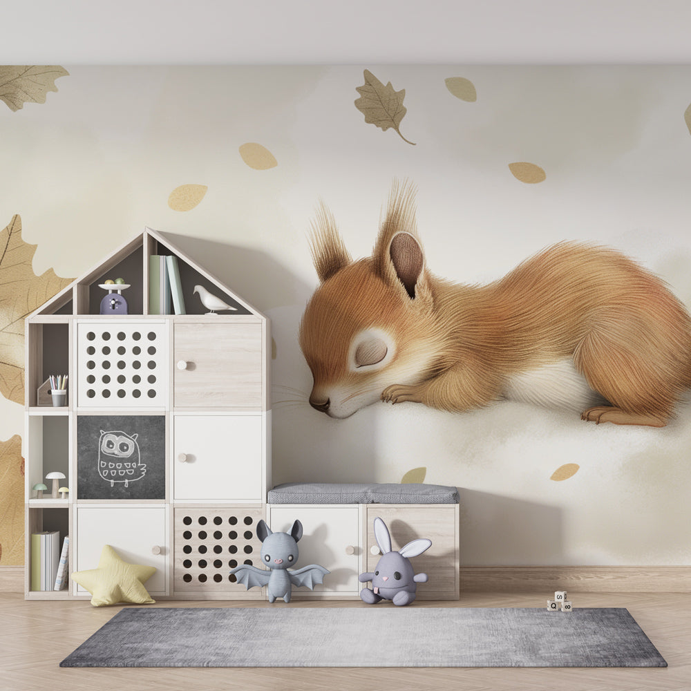 Dreamy cloud squirrel wallpaper in children's bedroom with natural wood furniture