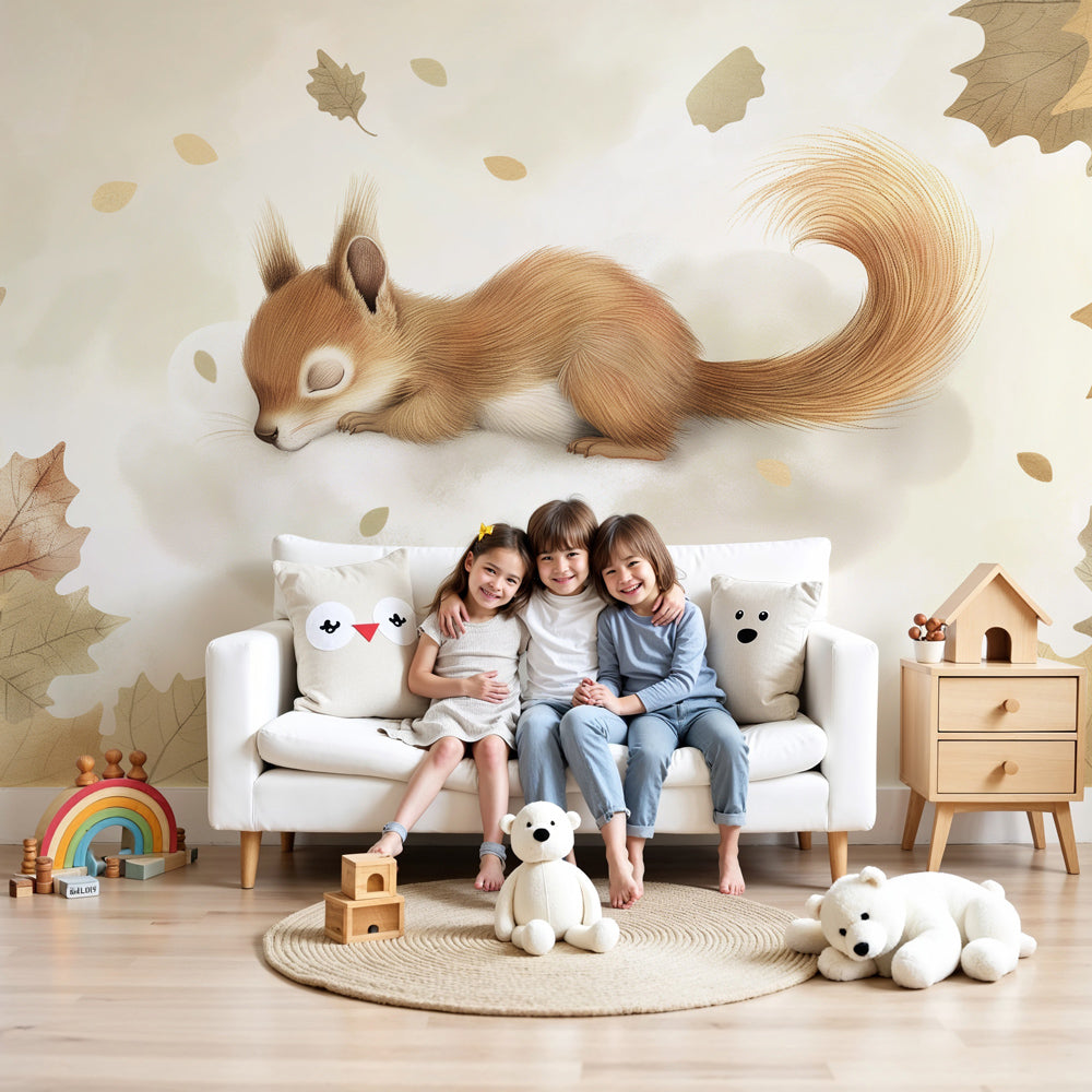 Sleeping squirrel mural wallpaper creating cozy woodland nursery atmosphere by Kids-Mundo