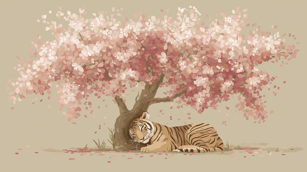 Sleeping Tiger Under Cherry Blossom Wall Mural