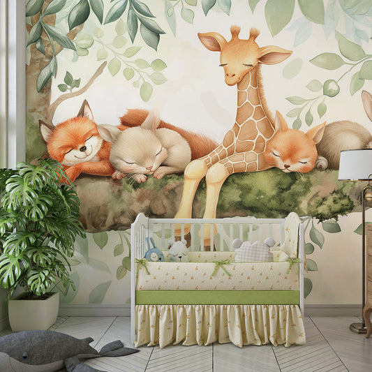 Kids-Mundo woodland animals wall mural with fox and giraffe in a kids bedroom
