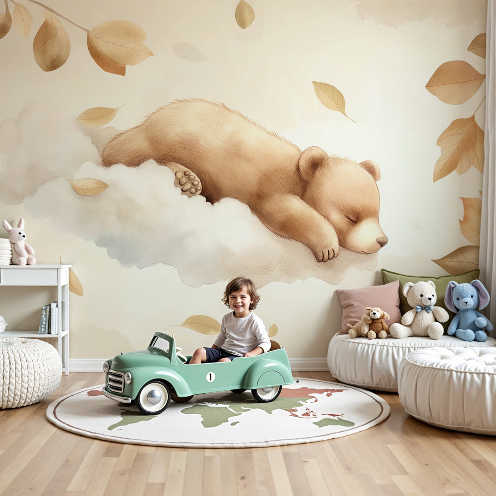 Sleepy bear sepia mural wallpaper creating peaceful nursery atmosphere by Kids-Mundo