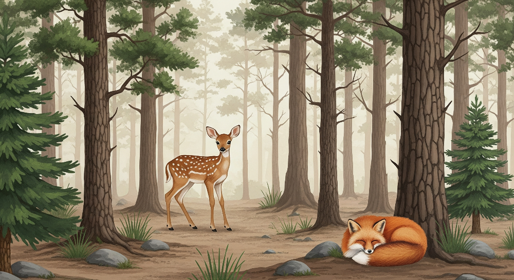 Kids-Mundo flat artwork of a sleeping fox and a spotted fawn among misty pine trees