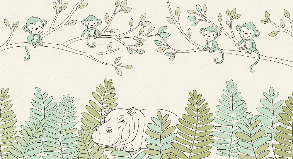 Sleepy Hippo and Baby Monkeys Nursery Wall Mural
