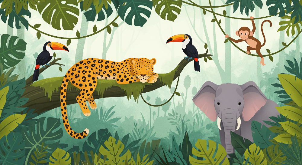 Sleepy Leopard and Toucans Jungle Wall Mural