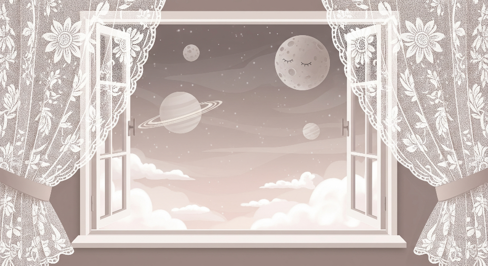 Sleepy Moon and Saturn Lace Window Wall Mural