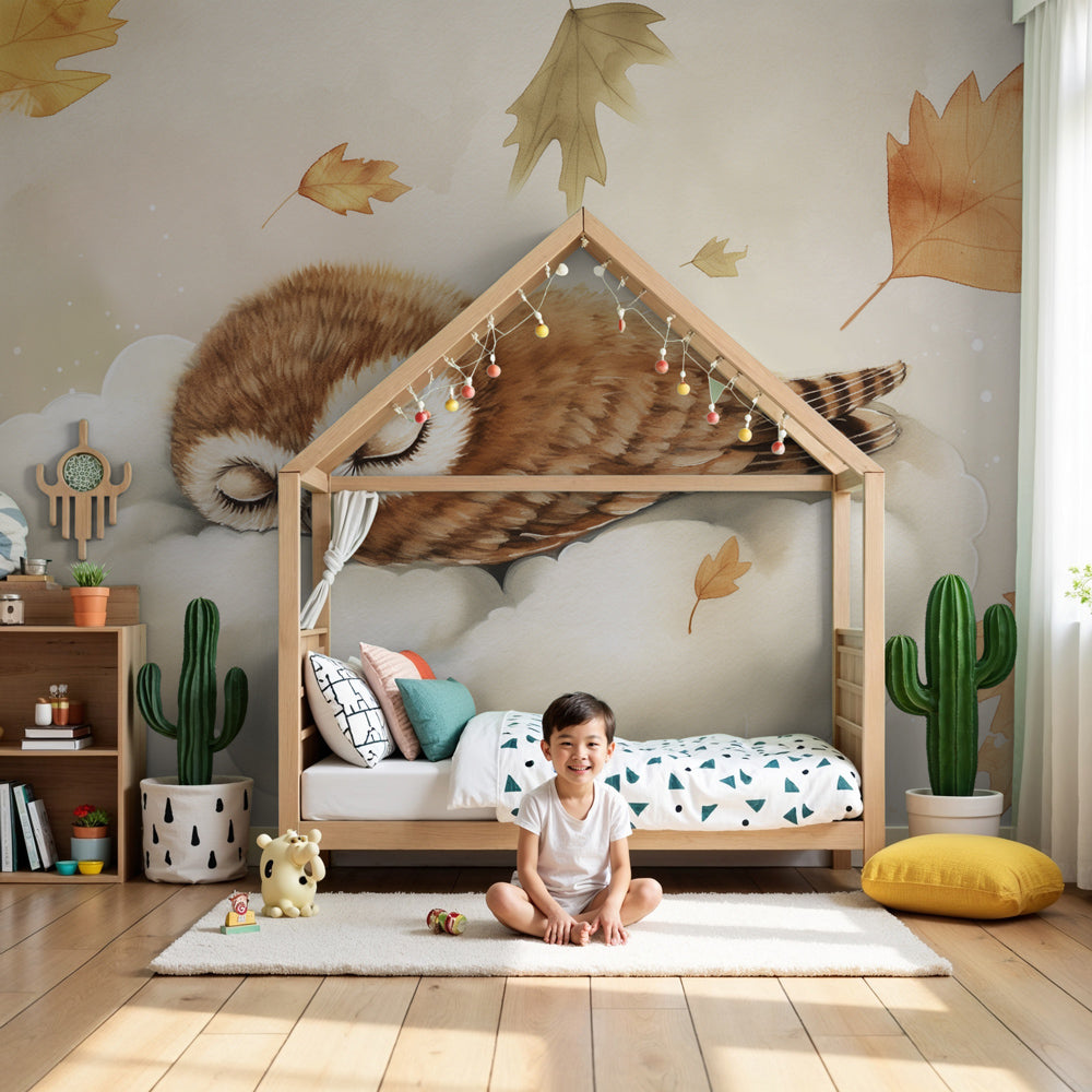 Sleepy owl mural wallpaper with autumn leaves in peaceful nursery setting by Kids-Mundo