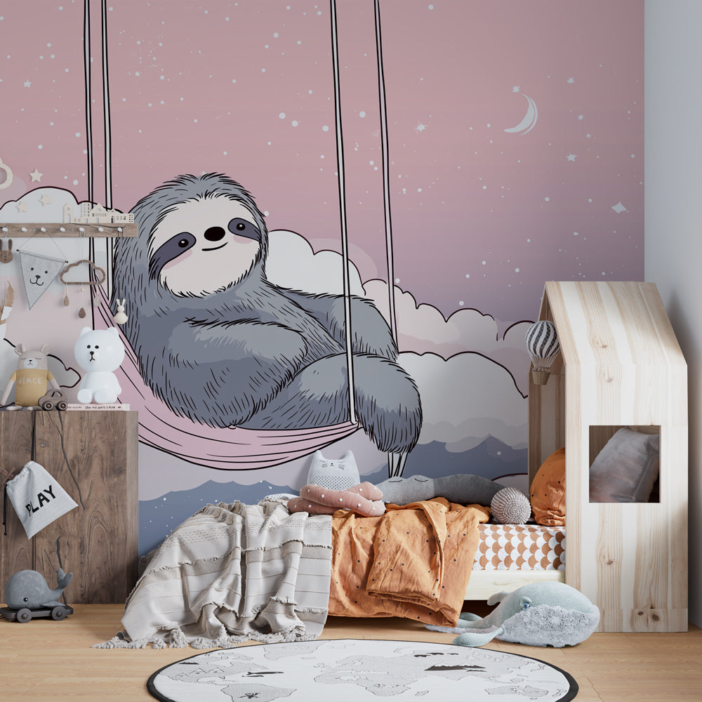 Cloud nursery wallpaper featuring peaceful sloth creating calming baby room atmosphere