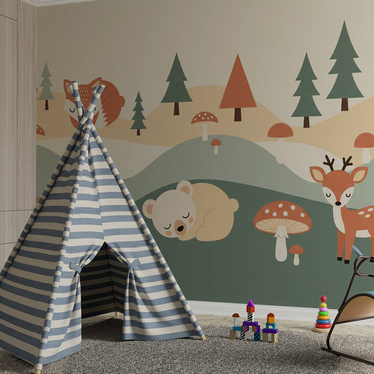 Kids-Mundo woodland wall mural with sleeping fox, bear and deer in a child's bedroom
