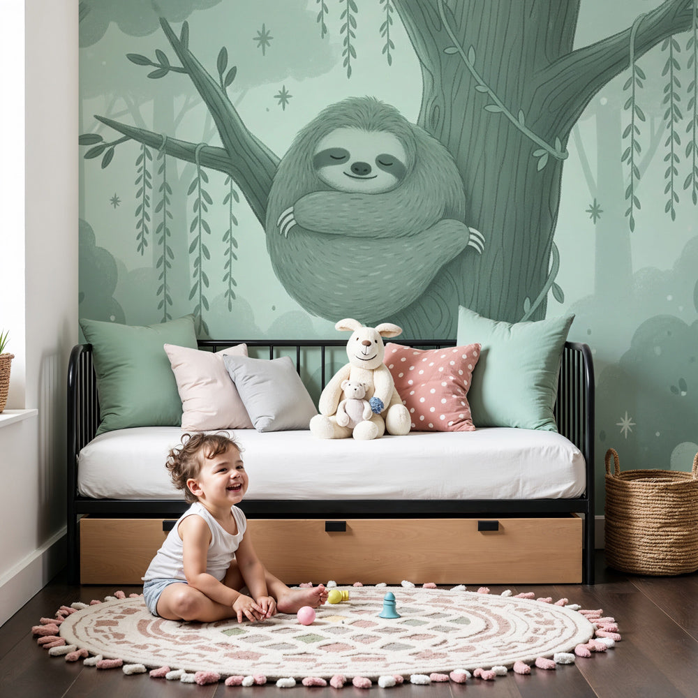 Sloth forest mural wallpaper creating peaceful woodland nursery decor by Kids-Mundo