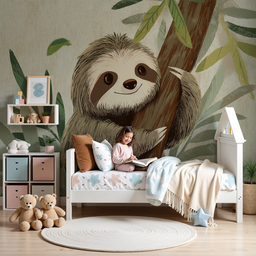 Peaceful sloth jungle mural wallpaper in modern nursery room by Kids-Mundo