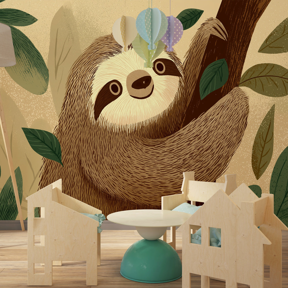 Tropical sloth mural wallpaper in modern children's bedroom with natural wood furniture