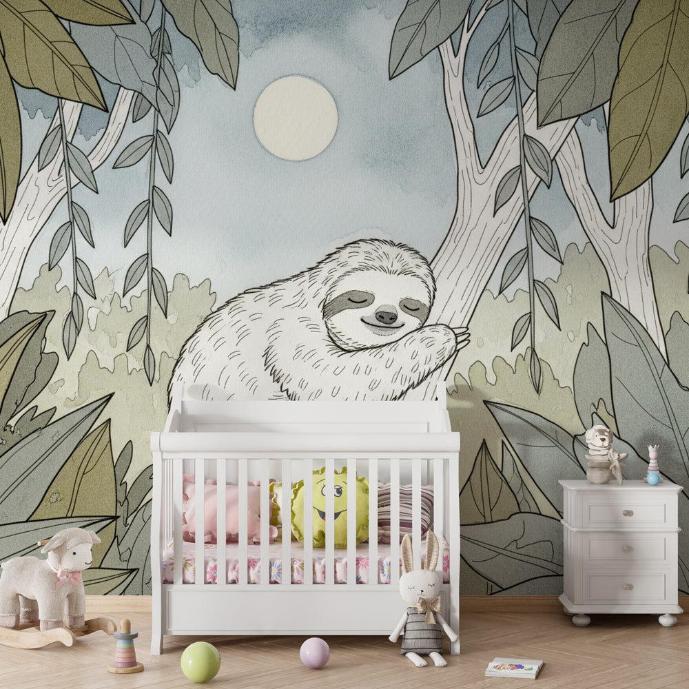 Sleeping sloth jungle wallpaper transforming children's bedroom into nature sanctuary
