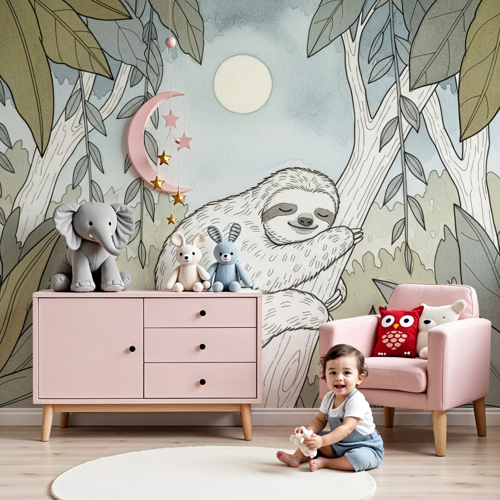 Sloth mural wallpaper creating peaceful jungle atmosphere in modern nursery by Kids-Mundo