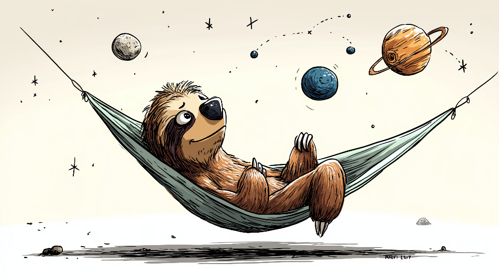 Kids-Mundo flat artwork of a sketch-style sloth napping in a hammock among planets and stars