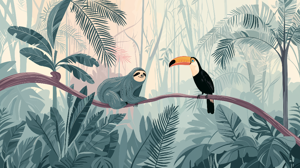 Sloth and Toucan in a Teal Rainforest Wall Mural