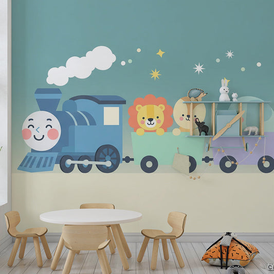 Kids-Mundo animal train wall mural brightening a toddler's bedroom wall with playful pastel animals