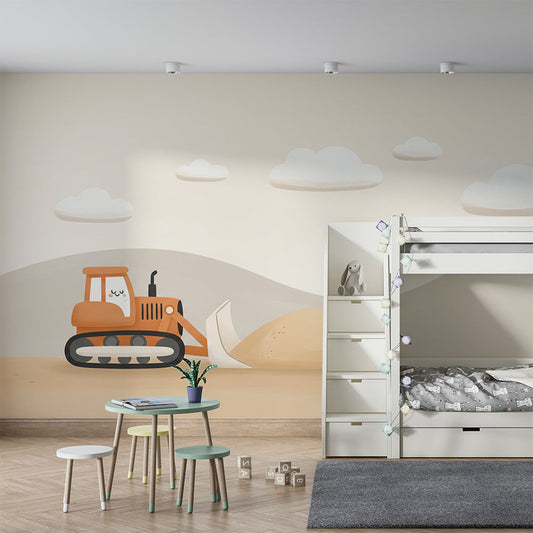Kids-Mundo cute bulldozer and sand pile mural, printed made to measure for a toddler's bedroom wall.
