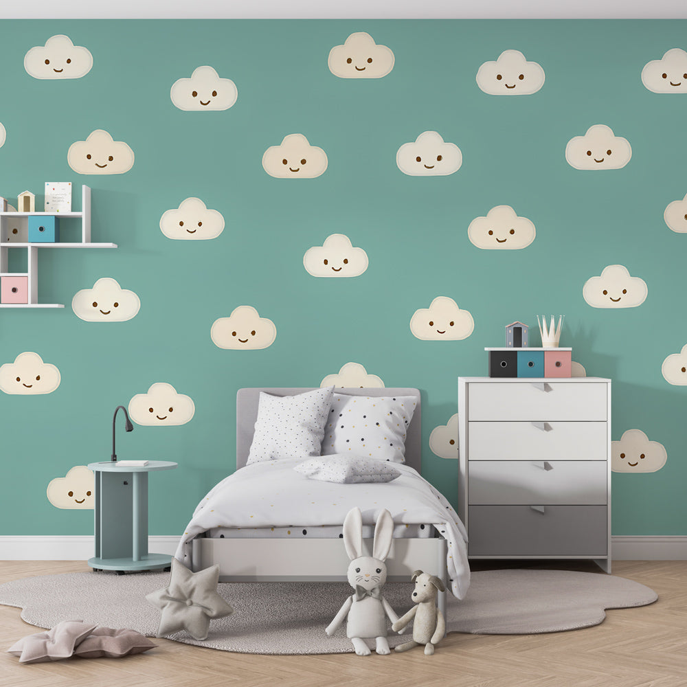 Turquoise sky clouds wallpaper transforming modern kids bedroom into celestial paradise