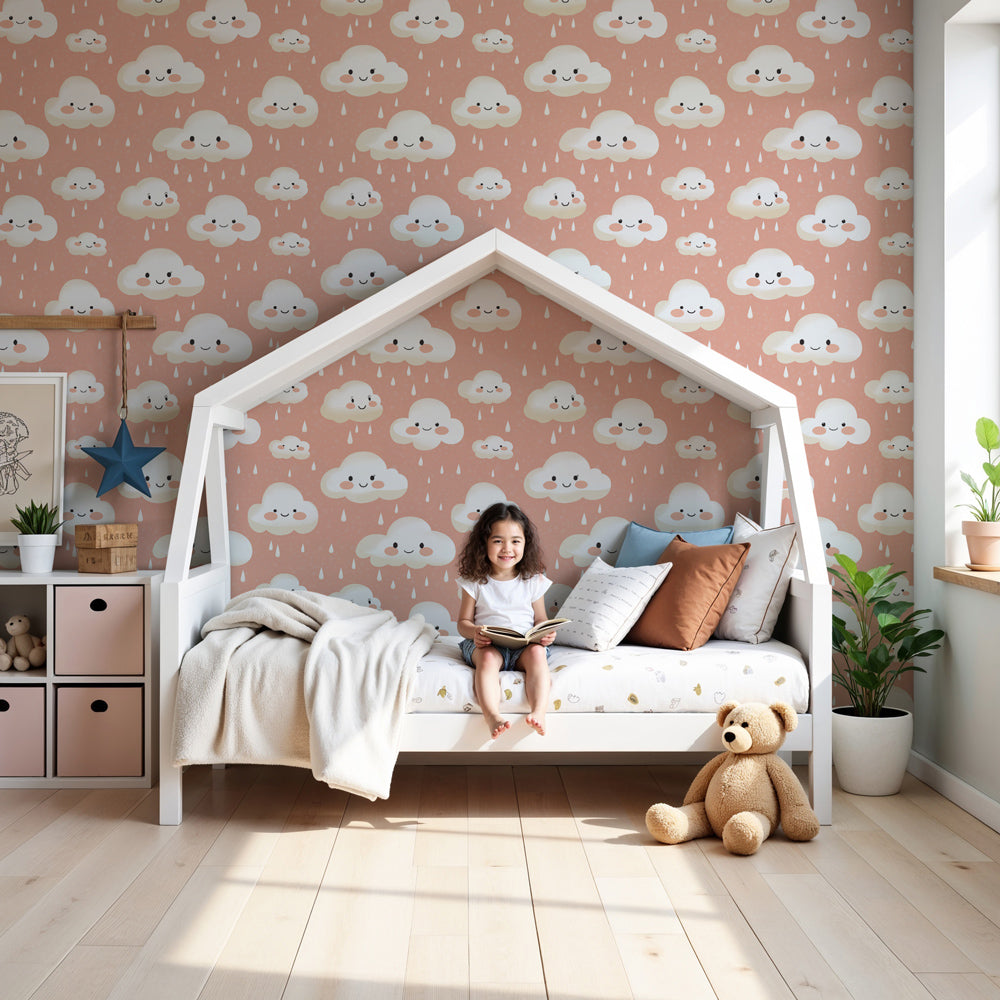 Smiling clouds mural wallpaper creating dreamy pink nursery decor by Kids-Mundo