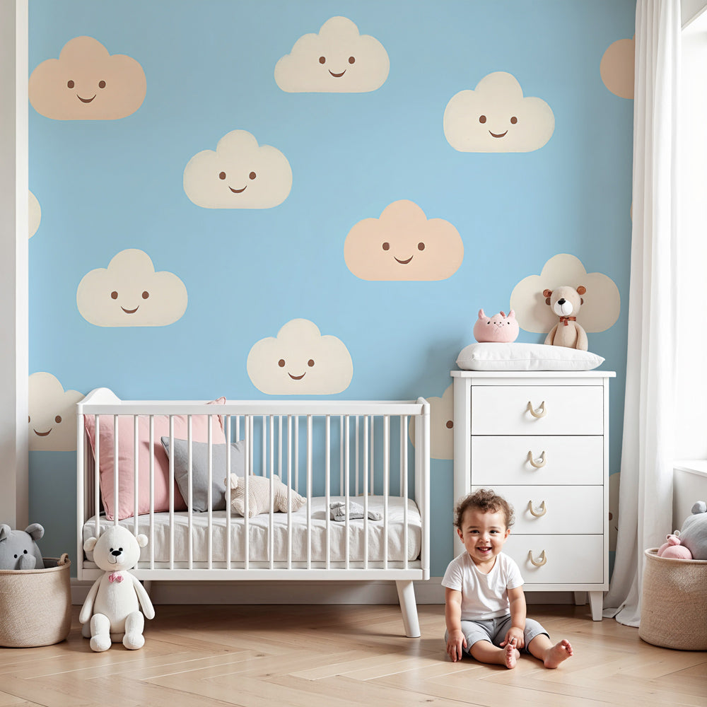 Smiling clouds mural wallpaper creating cheerful blue sky atmosphere in modern nursery by Kids-Mundo